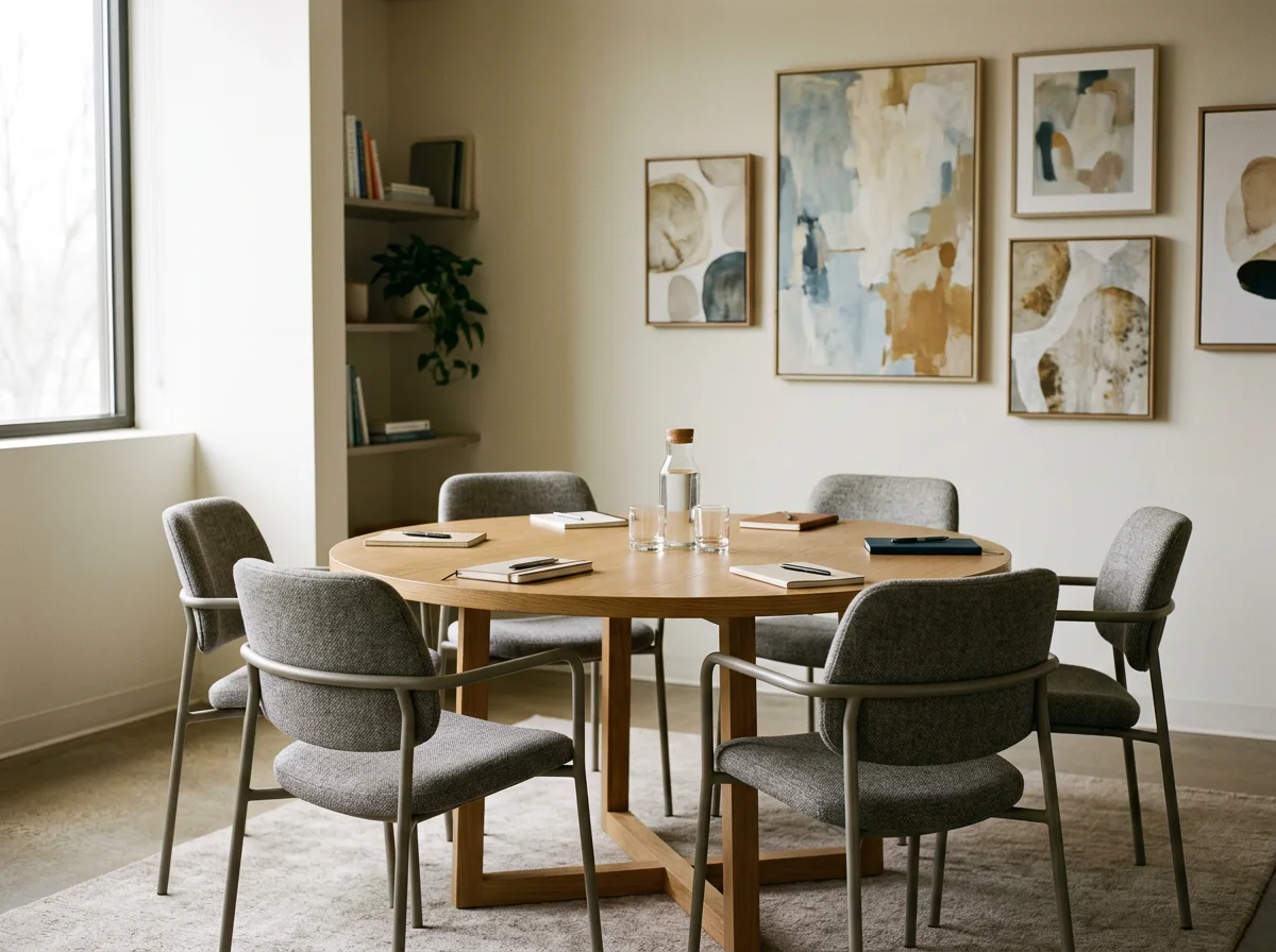 A round wooden conference table with six gray cushioned chairs in a modern meeting room. The table has notebooks, pens, a water jug, and glasses. The table is set up for a client consultation.