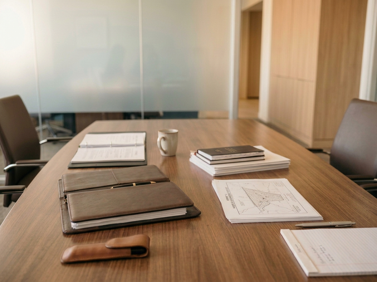 Empty conference room table with open notebooks, folders, a stack of documents, a pen, a notepad, and a coffee mug. Showing preparation for a legal conference regarding estate planning, probate, or real estate law.