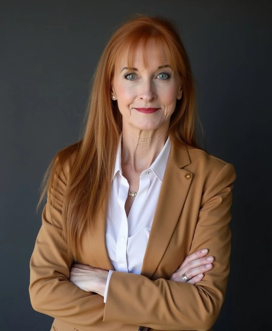 A portrait of a paralegal with red hair, blue eyes, and fair skin, wearing a tan blazer over a white blouse, standing against a dark gray background. The paralegal is very experienced with estate planning and probate.