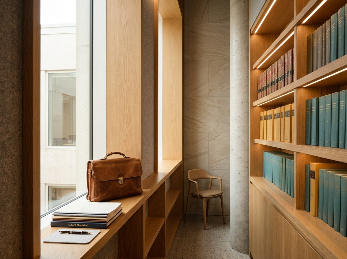 A small study nook with wood shelving, a leather briefcase, notebooks, and a pen on the windowsill, a wooden chair in the corner, and books on the shelves. Exemplifying a lawyer's office.