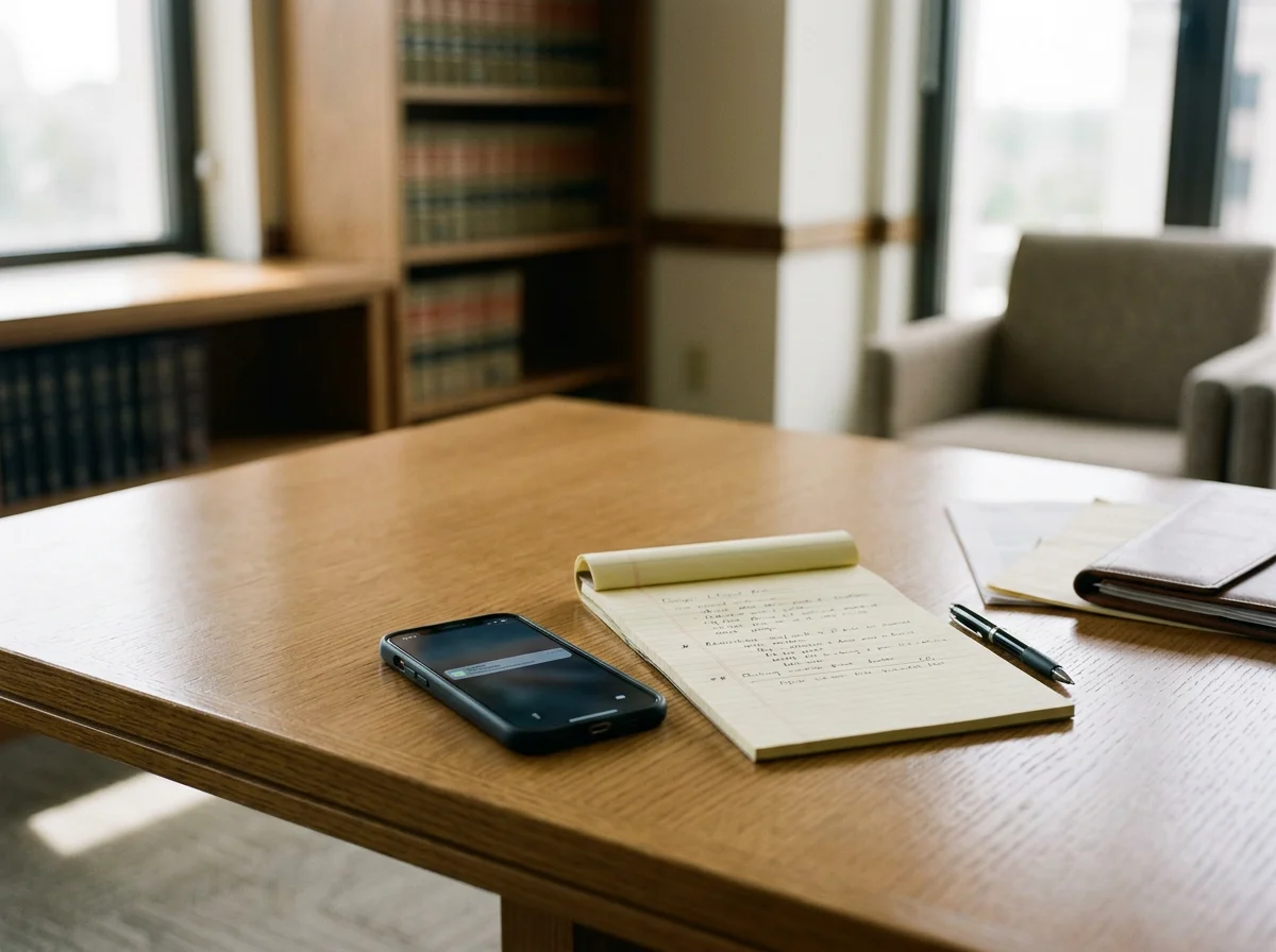 Wooden conference table with a smartphone, an open notebook with handwritten notes, a pen, and a closed notebook. In the background, there are bookshelves and a window with natural light. The table is set up for a call with a client.