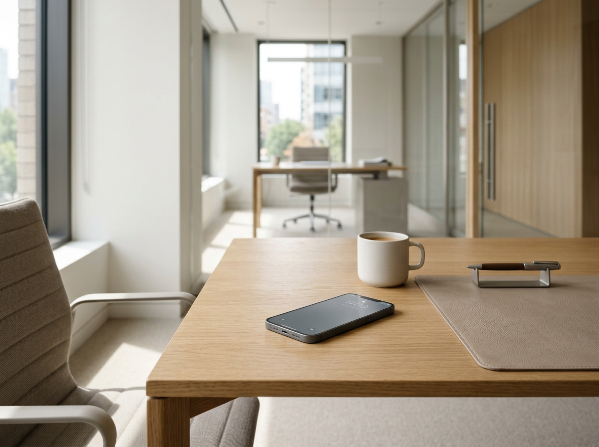 Office space with a wooden desk, a smartphone, a coffee mug, and a pen on a beige desk mat in the foreground. In the background, an empty chair and a window with city buildings outside. This image represents someone ready to call and talk to a lawyer