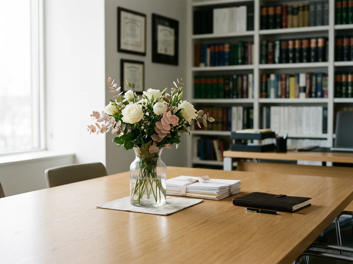 A meeting room in a law office with a wooden table, a glass vase with white and pink flowers, folders, a pen, and a closed notebook, with a bookshelf and framed certificates on the wall in the background.