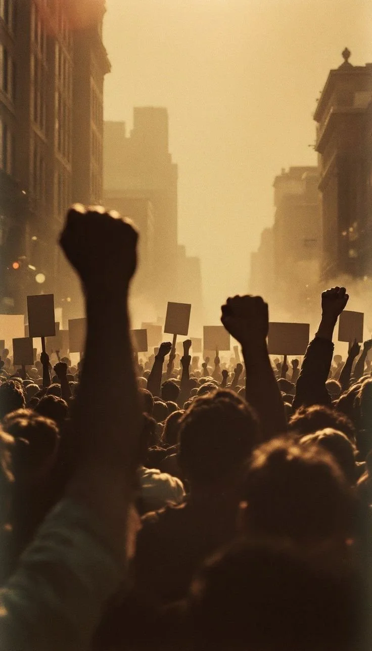 Crowd of people protesting in an urban street, holding blank signs and raising fists during a demonstration at sunset.