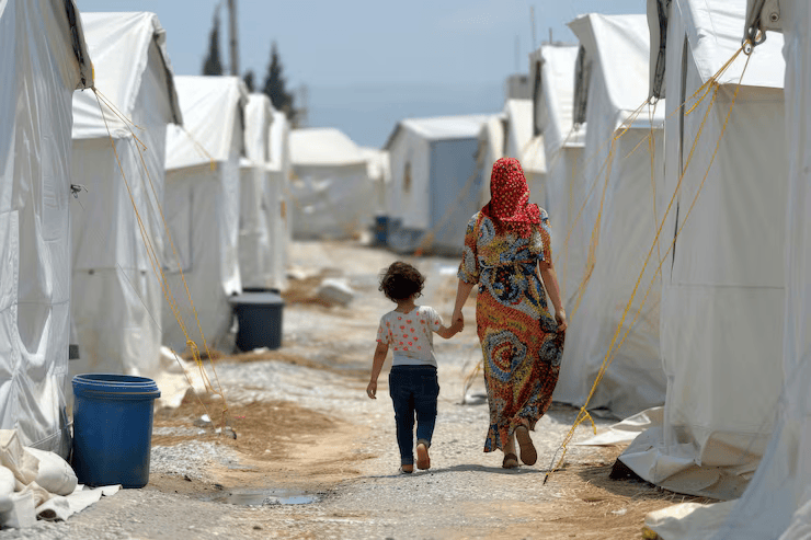 A woman and a young girl walking hand in hand through a refugee camp with white tents on either side.