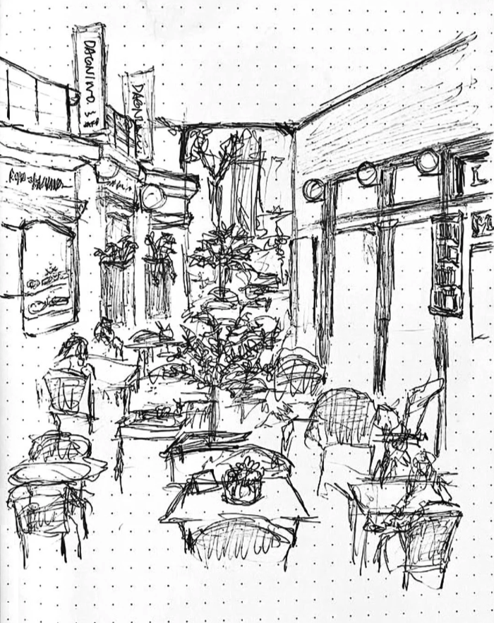 an ink sketch on dotted paper depicting a cafe in rome, italy - drawing includes storefronts, tables, chairs, and plants