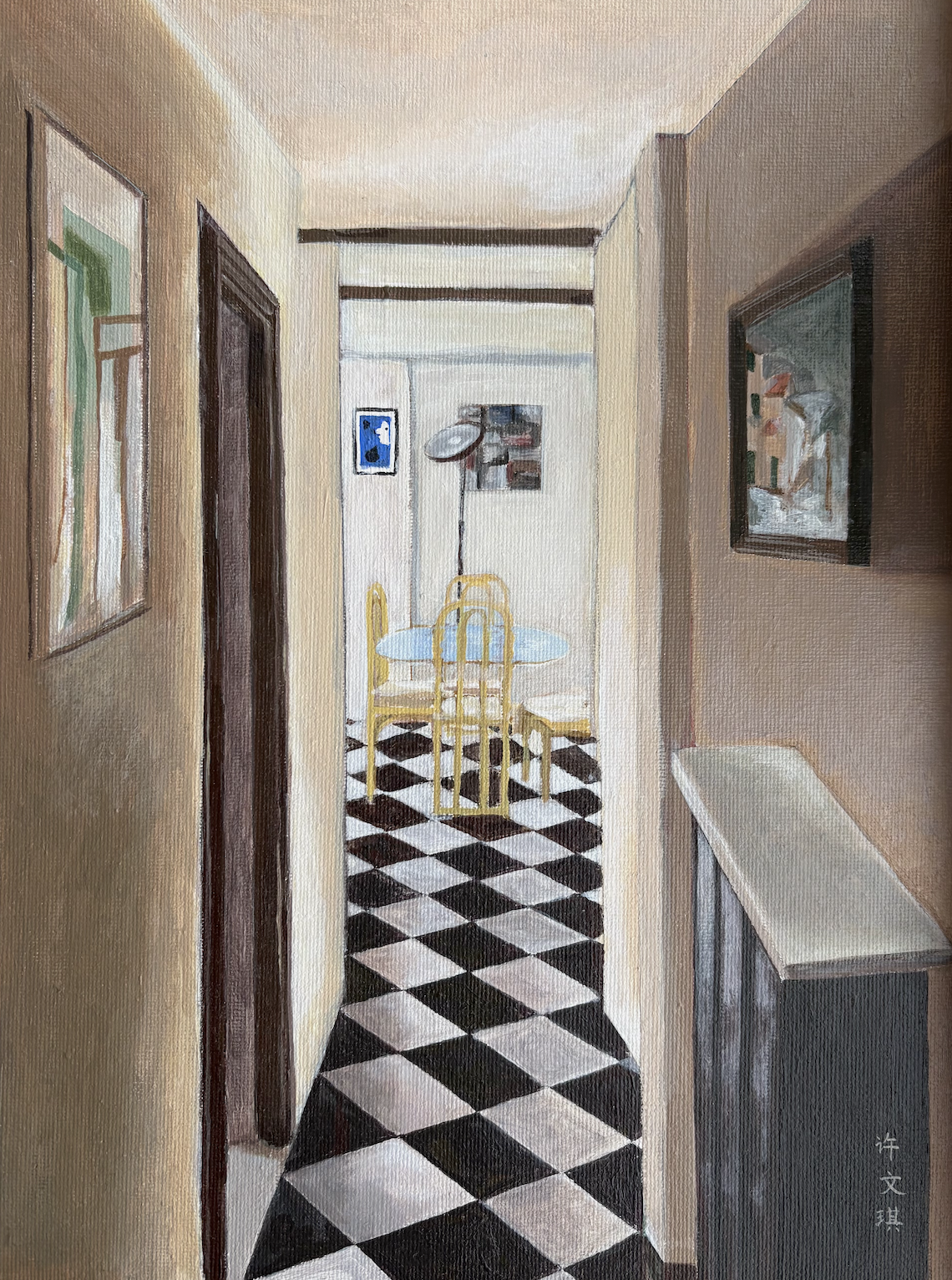 a black-and-white checkered hallway is flanked on both sides by beige walls and leads to a bright living room area with art on the walls, a glass dining table, and gold chairs