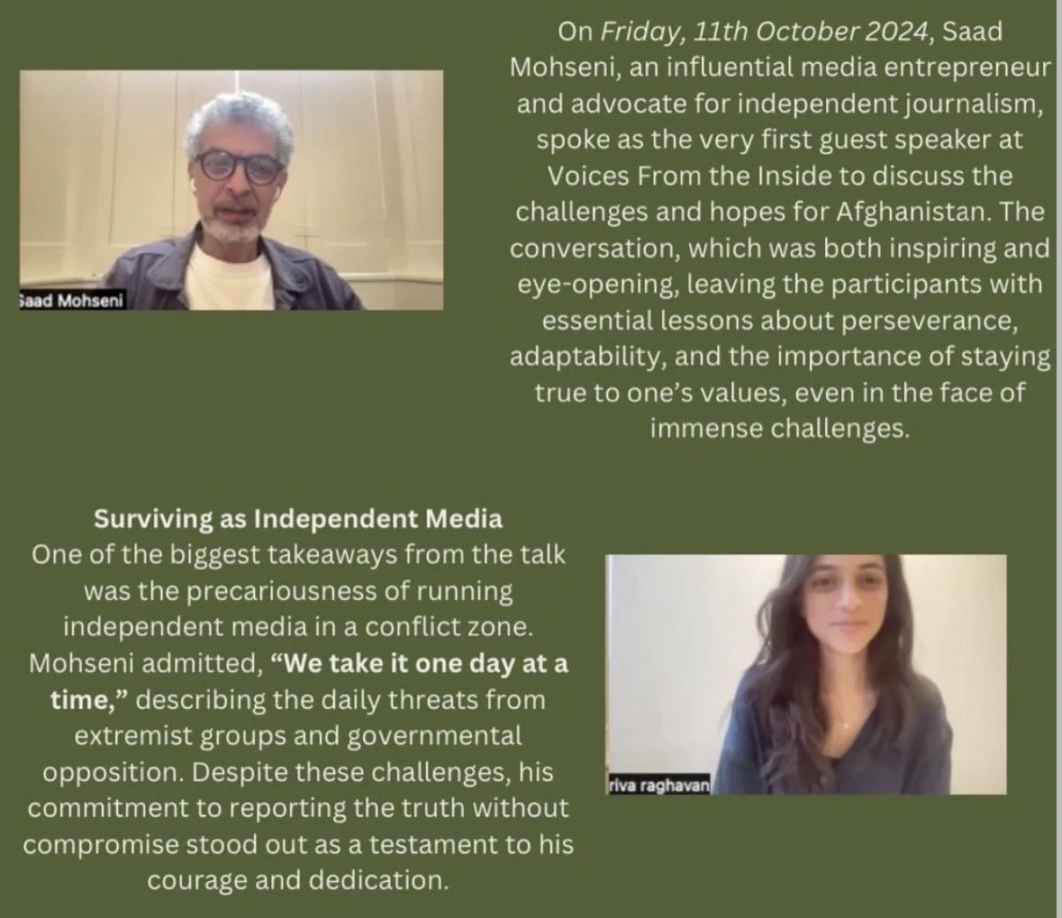 A man with gray hair and glasses speaking in a virtual talk, with a text description of his discussion on independent journalism and Afghanistan, and a woman with long dark hair in a smaller photo below, discussing independent media challenges.