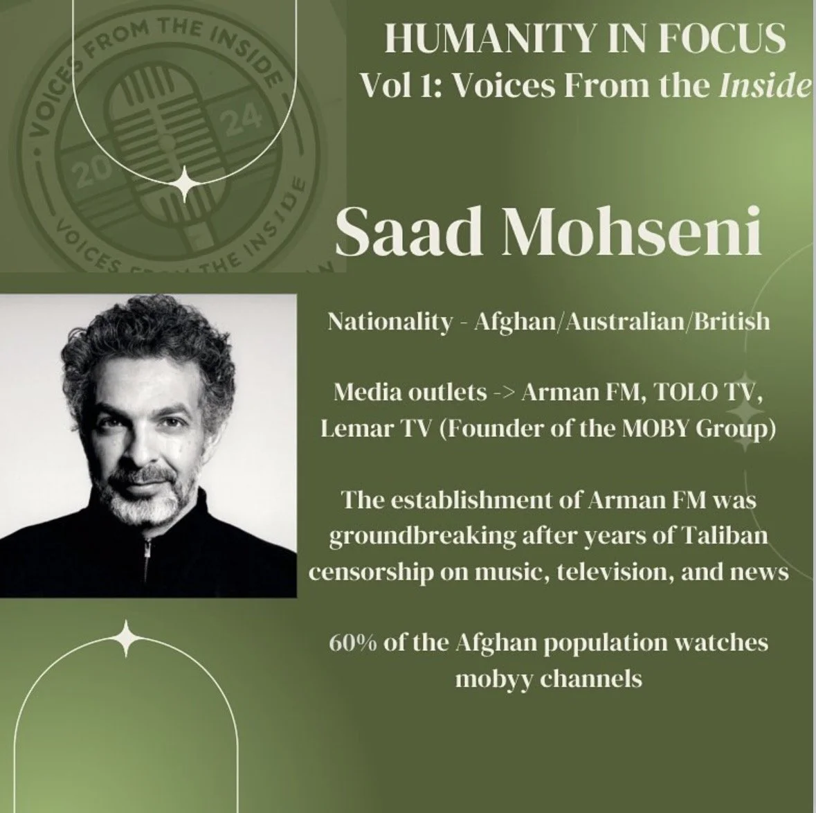 A green informational card with a black and white photo of Saad Mohseni. The card includes details about his nationality, media outlets, and impact of his work, with the title "Humanity in Focus Vol 1: Voices From the Inside."