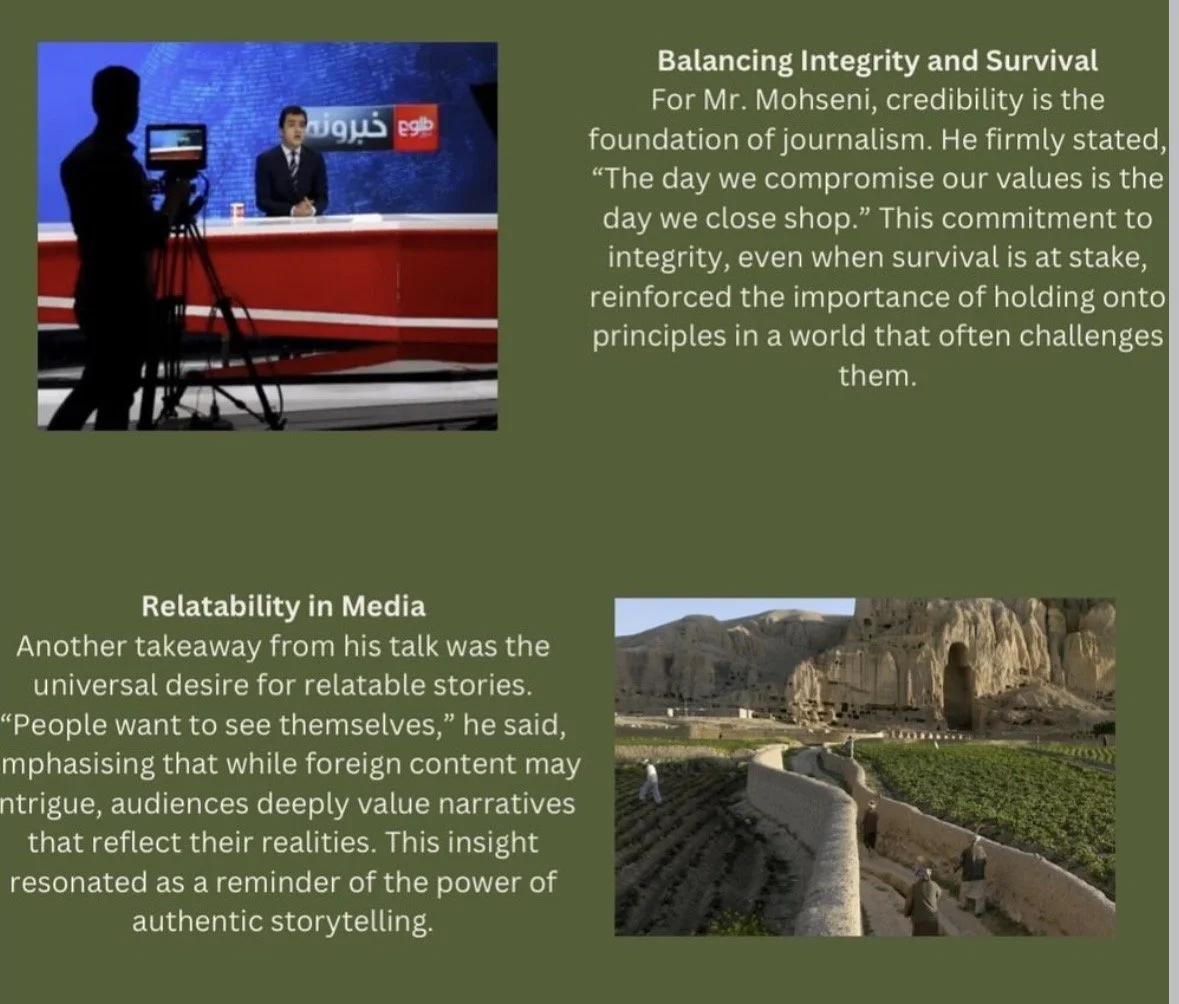 A television news studio with a news anchor sitting at a red desk, a cameraman filming, and a screen displaying graphics behind the anchor. To the right, a green background contains text discussing journalism integrity and media relatability, with an outdoor image of an archaeological site or rural area with mountains and structures in the distance.