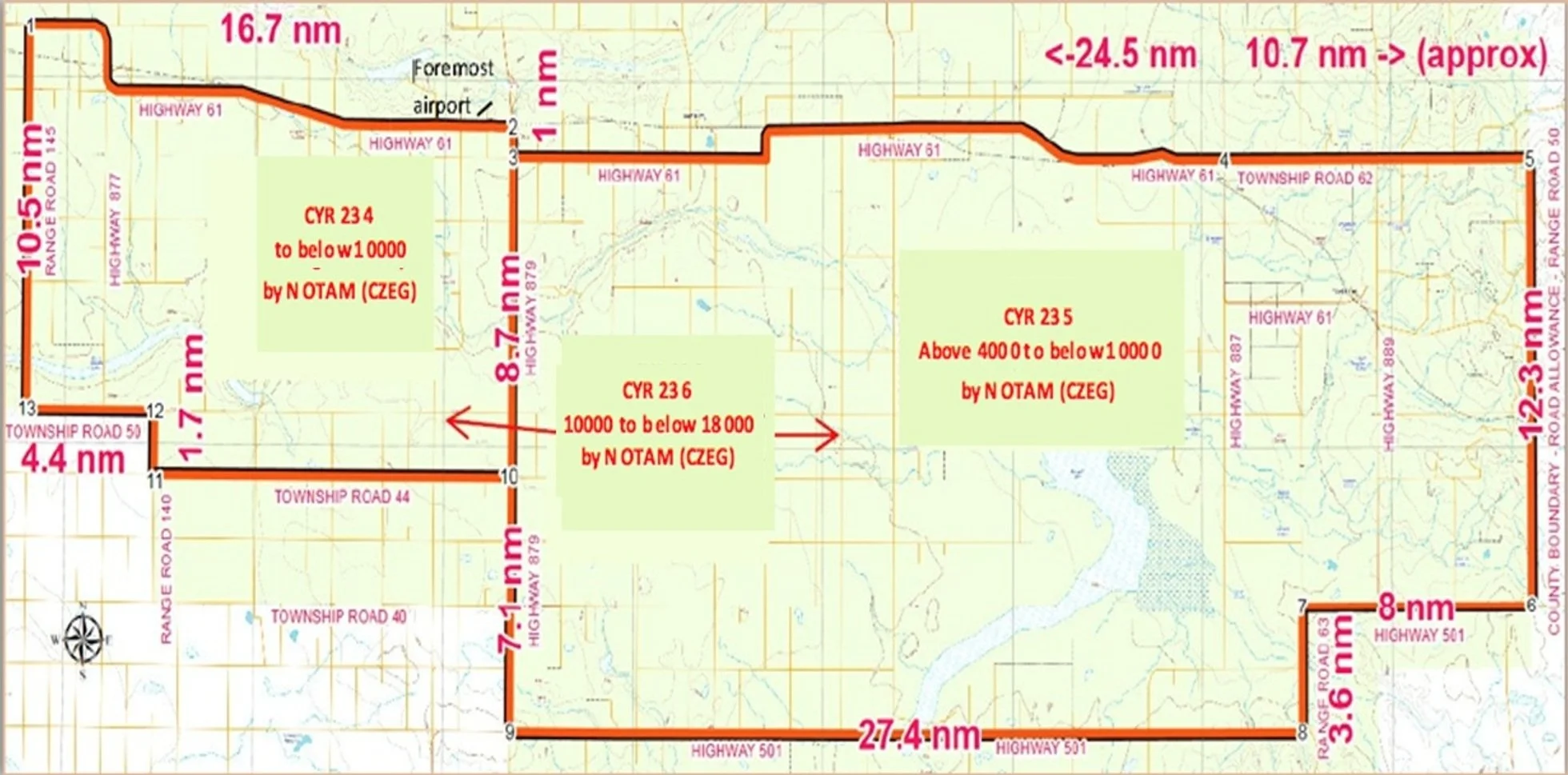 Annotated aviation map showing CYR 234, CYR 235, and CYR 236 restricted airspace zones, highways, boundaries, and nautical-mile distances.