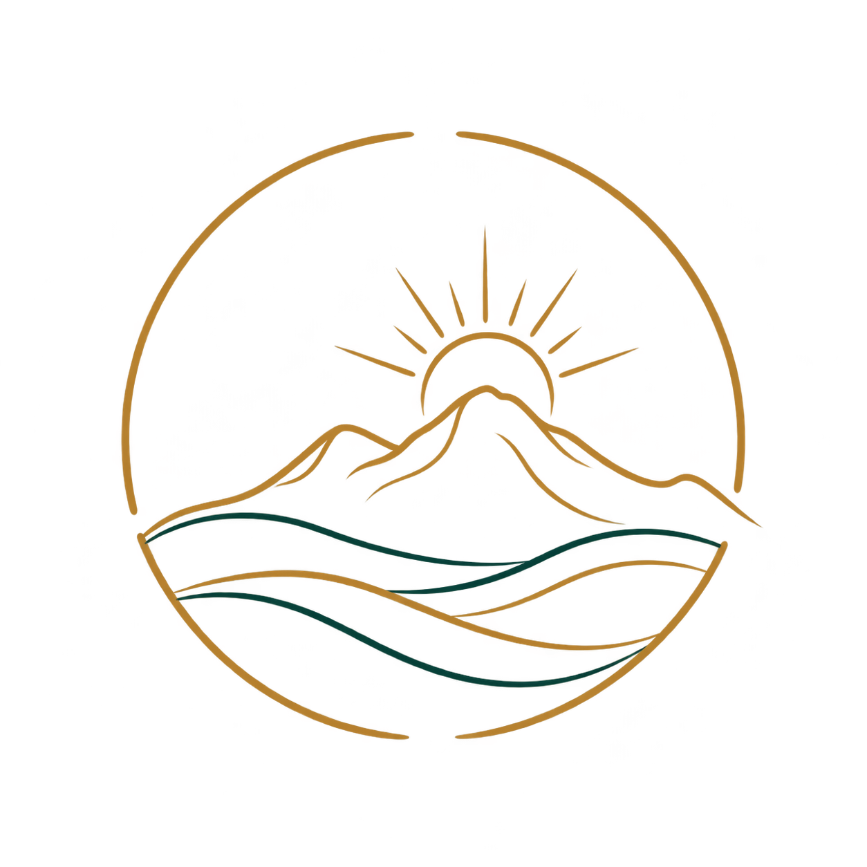 Stylized golden sunset over layered mountains and flowing blue waves inside a circular emblem
