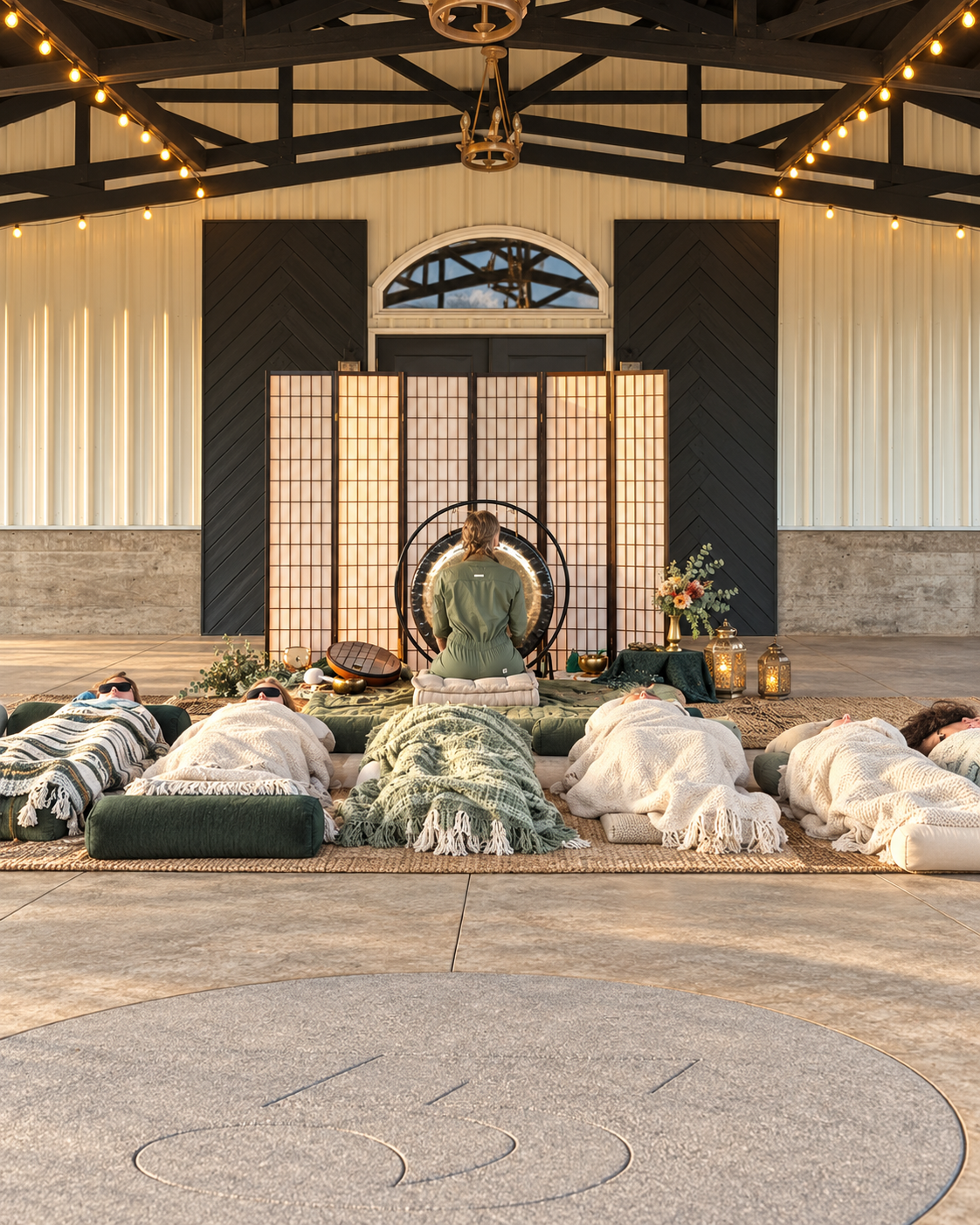Group meditation and sound bath session in a rustic barn, with participants resting under blankets around a gong and candles.