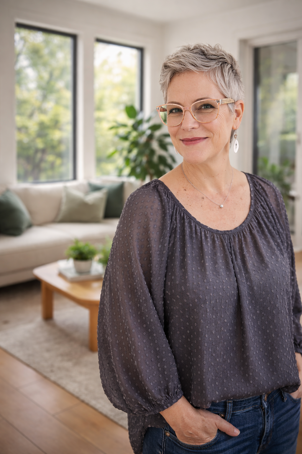 A mature woman with short gray hair and glasses smiling in a bright living room with large windows, a sofa with cushions, and a wooden coffee table with a plant.