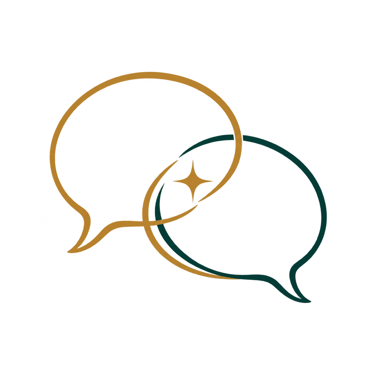 Abstract overlapping speech bubbles in red, yellow, green, and dark teal with a gold sparkle symbol