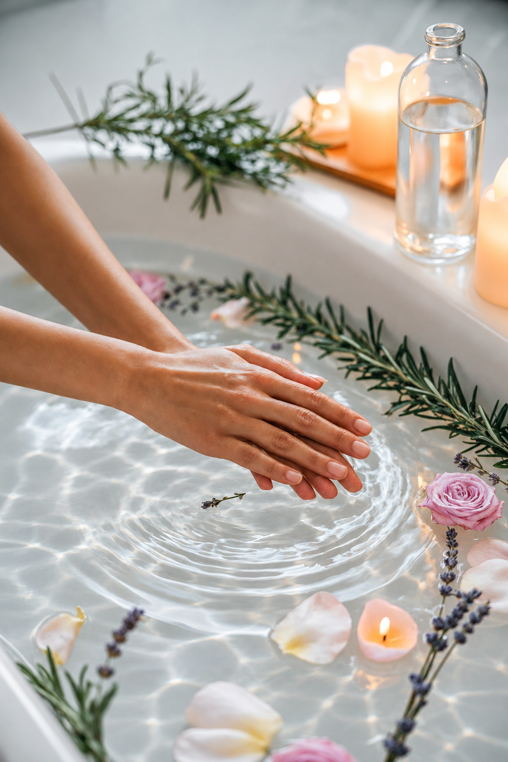 Person touching water in a bubble bath surrounded by pink roses, lavender, candles, and greenery.
