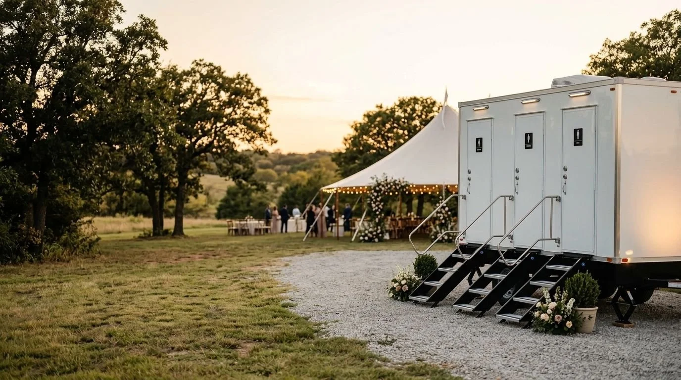 A white portable restroom trailer with three doors in the foreground, with stairs and potted plants, at a decorated outdoor wedding reception area under a white tent with string lights, with people mingling in the background during sunset.