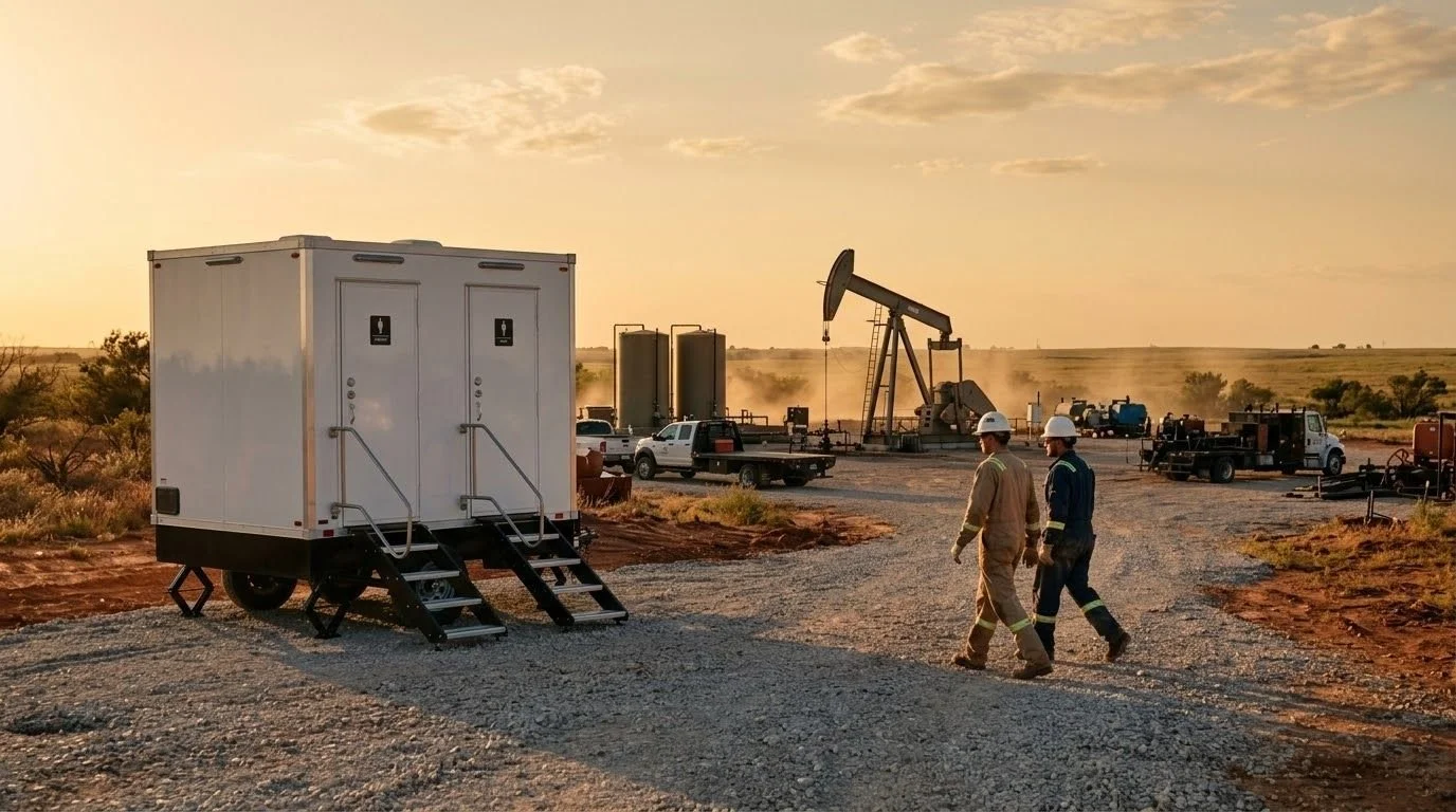 Two workers in safety gear walk across a gravel lot with oil pumpjacks, industrial equipment, trucks, and portable toilets in the background at sunset.