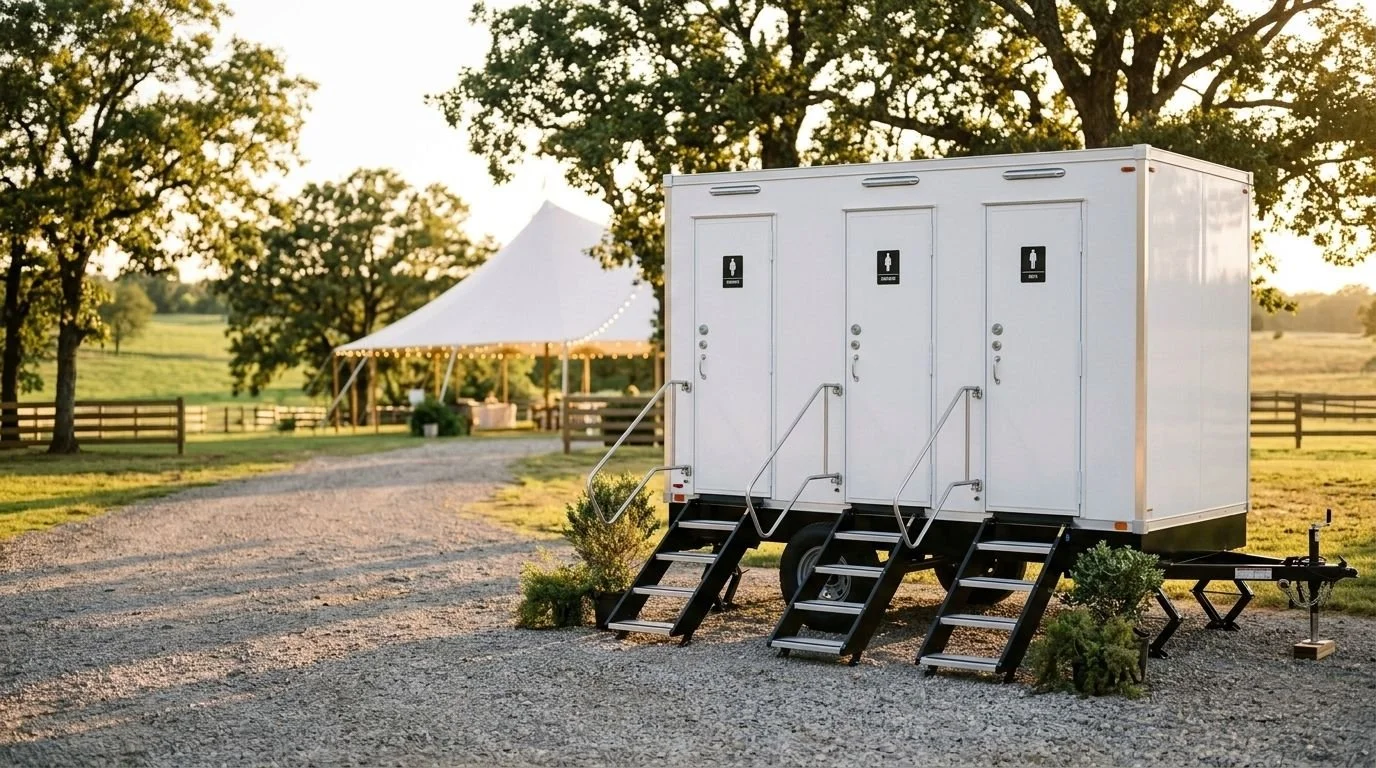Portable restroom trailer with three doors, set outdoors on gravel with trees and a white tent in the background, during late afternoon.