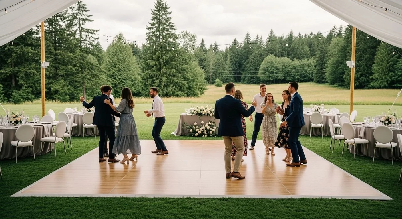 People dancing on a wooden dance floor at an outdoor wedding reception under a large tent with oak trees and a grassy field in the background.