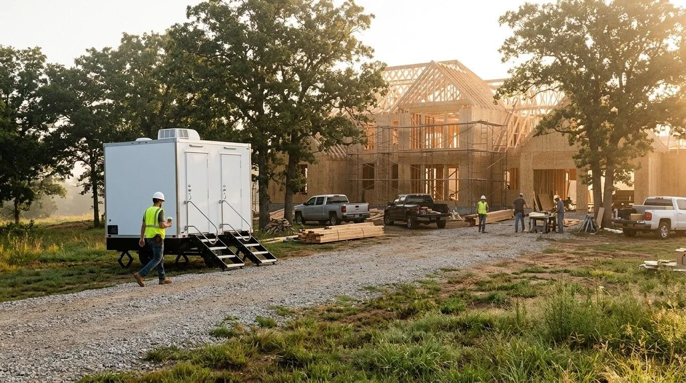 Construction site with wooden framing for a house, construction workers in safety gear, and several trucks parked nearby during sunset.
