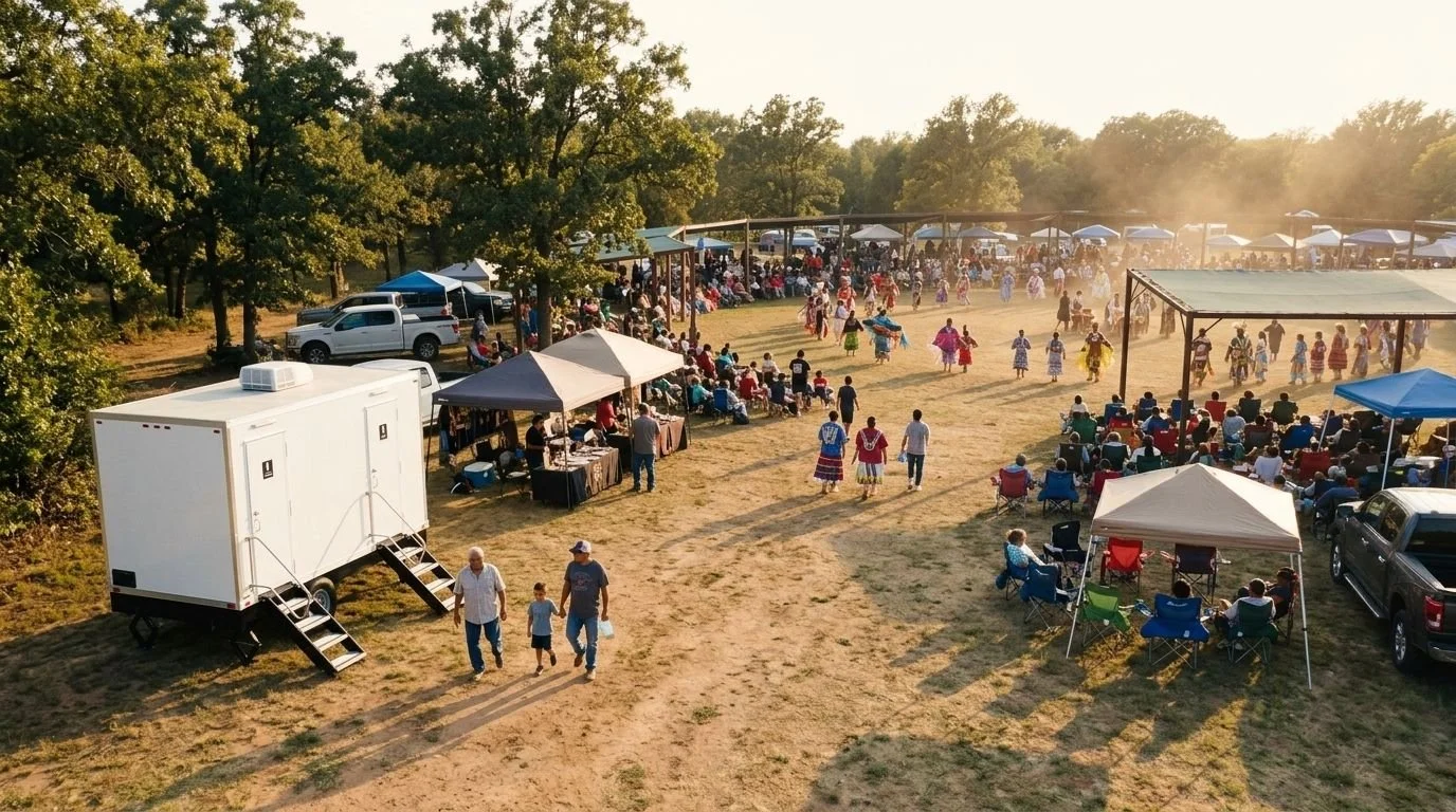An outdoor community event with people gathering, tents, seating, and children dancing on a grassy field, surrounded by trees.