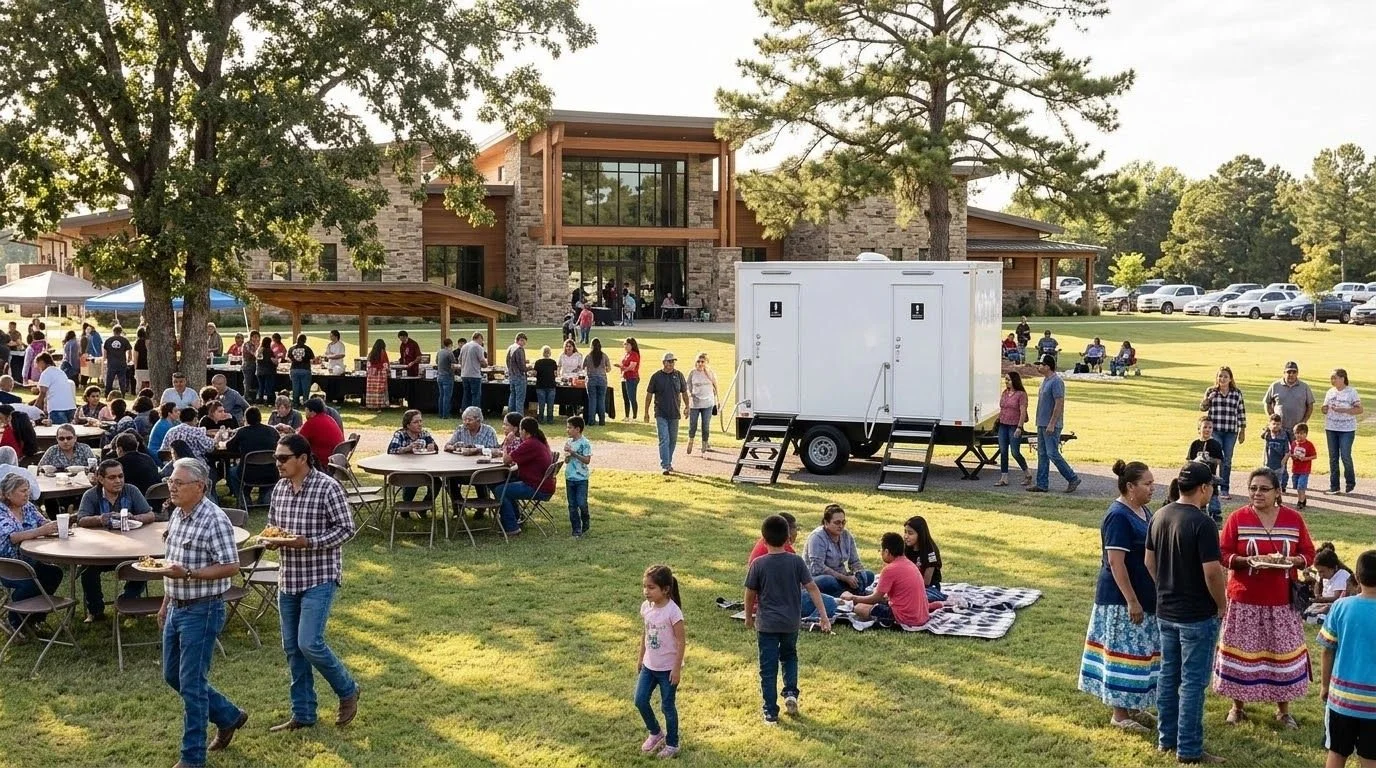 People gathered outdoors at a community event on a grassy area in front of a large building, with some sitting at tables, others standing, and children playing on the grass. A white trailer with stairs is visible among the crowd.