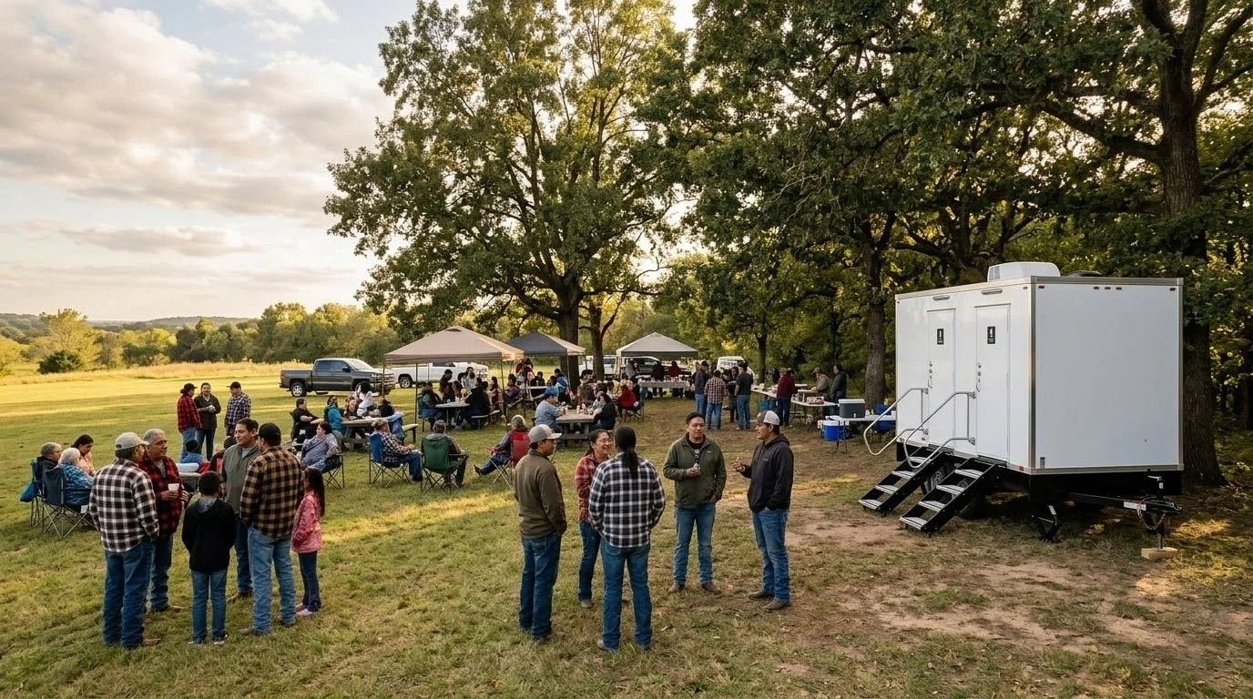 People gathering outdoors for a social event in a park-like setting with trees, chairs, tents, and a white mobile food or event trailer.