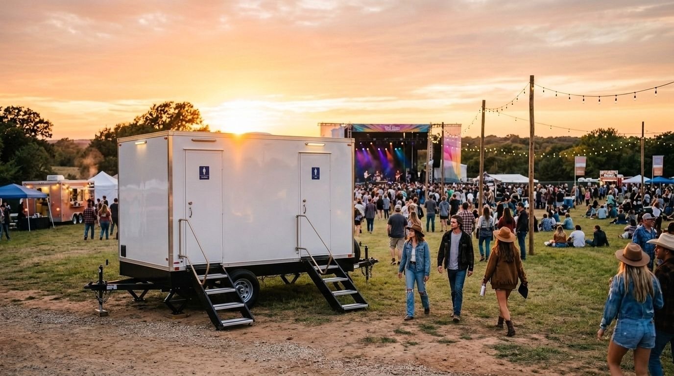 People attending an outdoor music festival during sunset, with a stage in the background and food trucks along the sides of the grassy area.