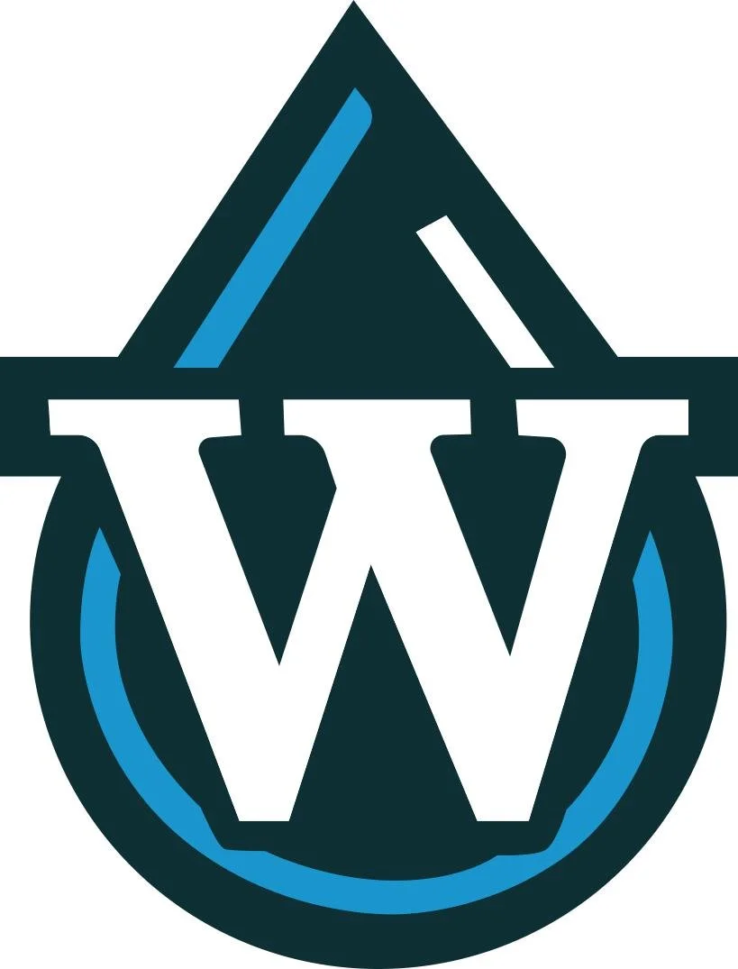 Logo featuring a stylized water droplet with a large white letter W in the center, outlined in blue and black.