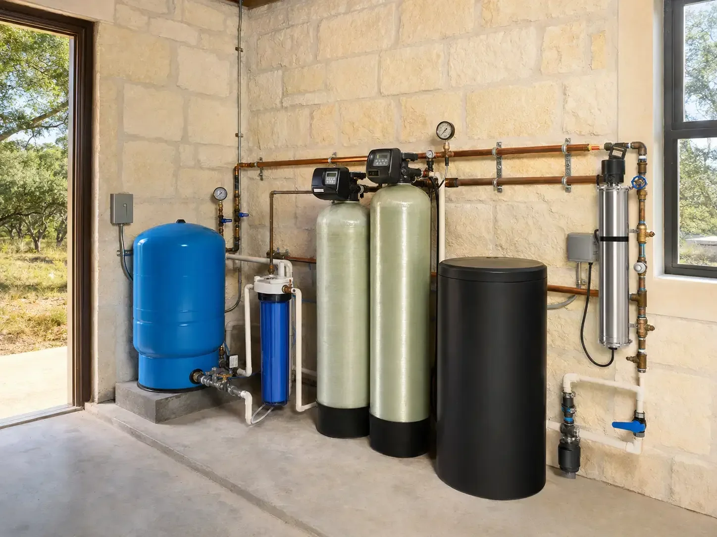 Water treatment system with blue tank, green filter tanks, black cylindrical tank, and various pipes and gauges inside a room with stone walls and a window.