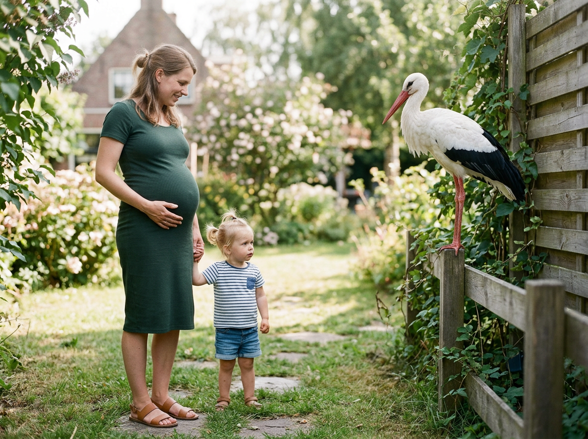 Eine schwangere Frau hält die Hand eines kleinen Mädchens, während sie einem Storch im Garten zuschauen.