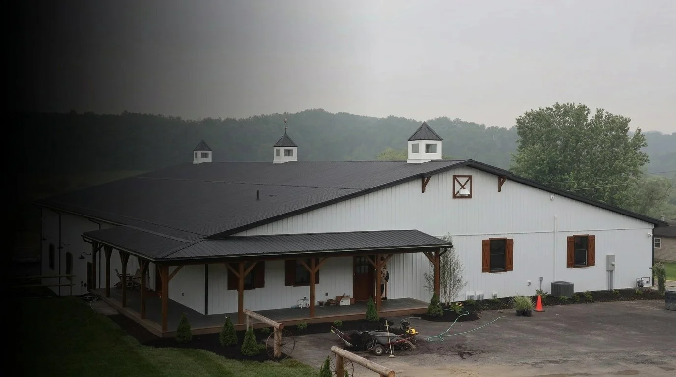 A large white barn with wooden shutters on the windows and a covered porch, set against a backdrop of trees with a cloudy, overcast sky.