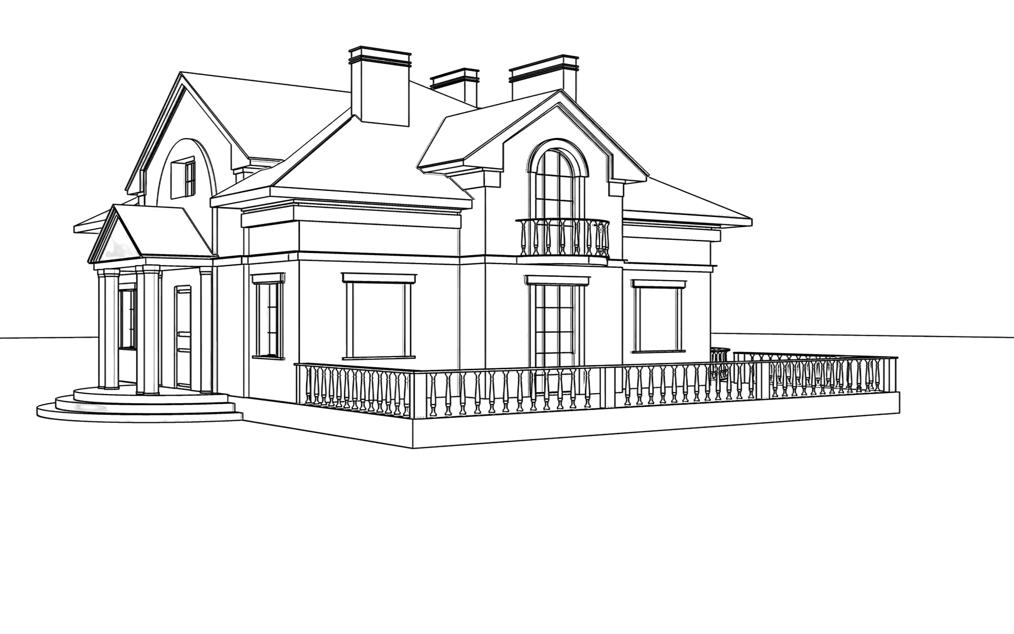 Outline drawing of a two-story house with a wrap-around porch, gabled roof, and a balcony on the upper level, viewed from an angle.