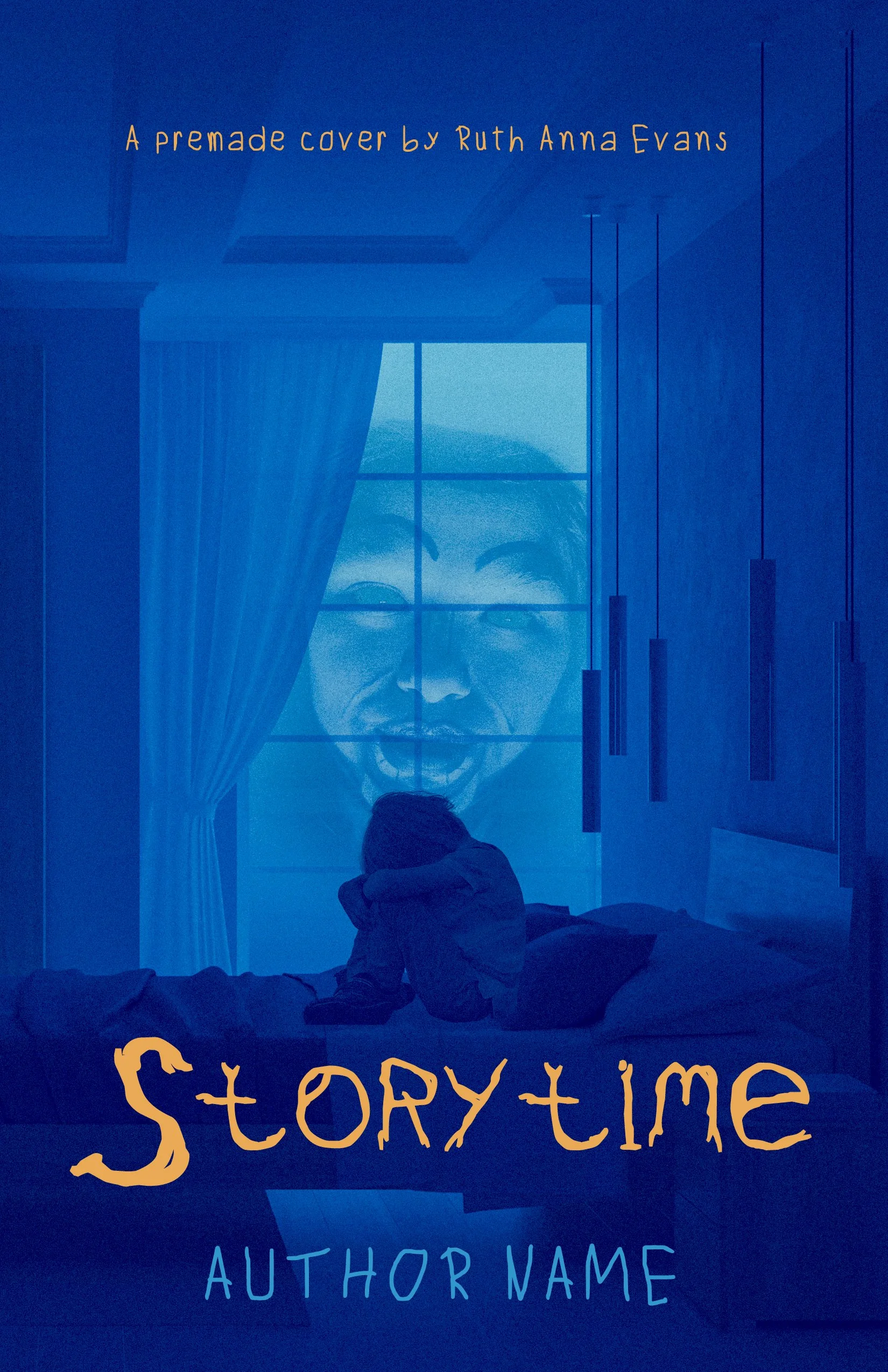 Book cover titled "Storytime" with a blue background, a window with curtains, and a person sitting on a bed reading a book, with space for author's name.