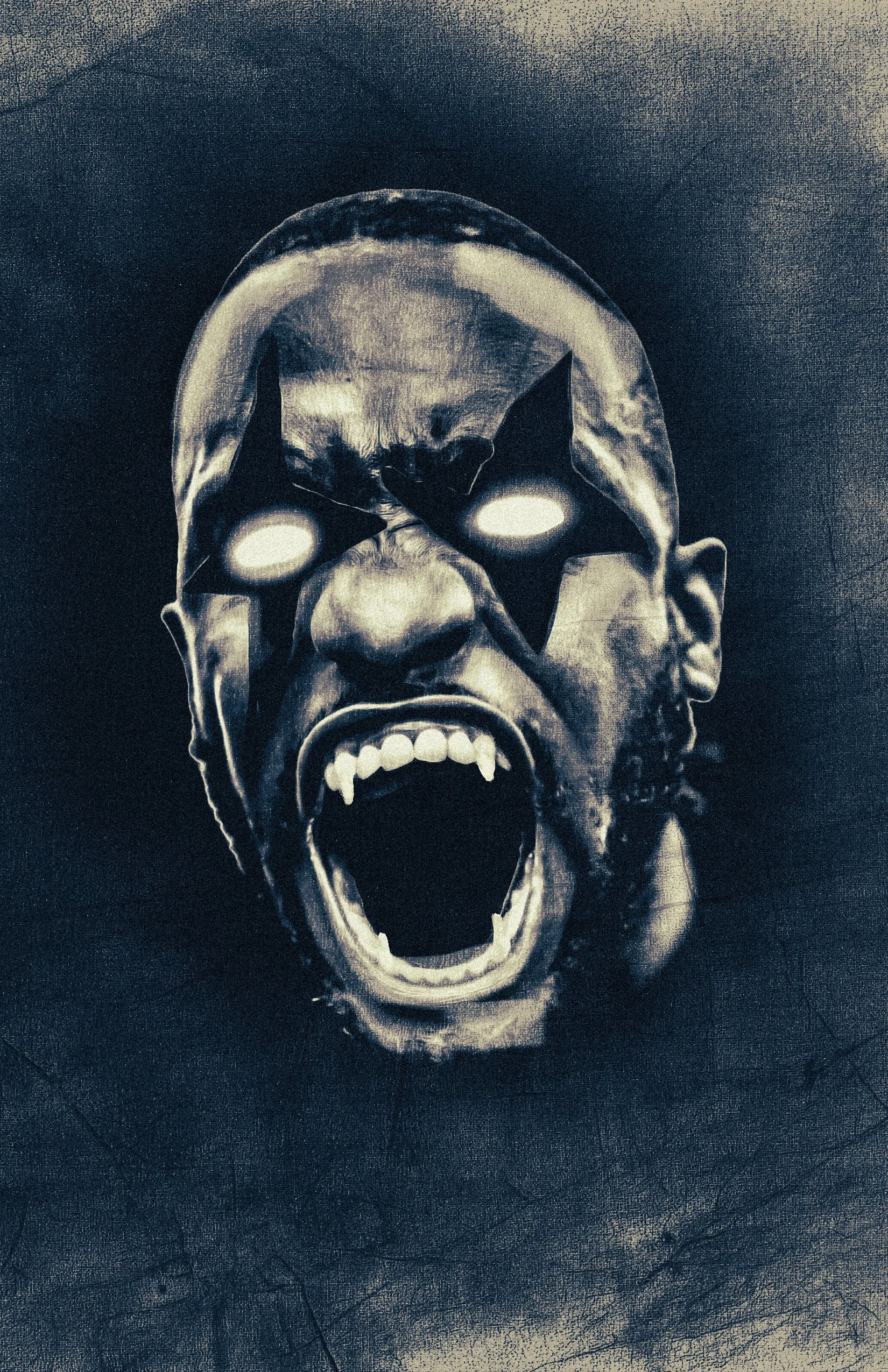 A black and white illustration of a person with a screaming face. The face has a star over both eyes, and the mouth is wide open showing teeth. The image has a dark, textured background.