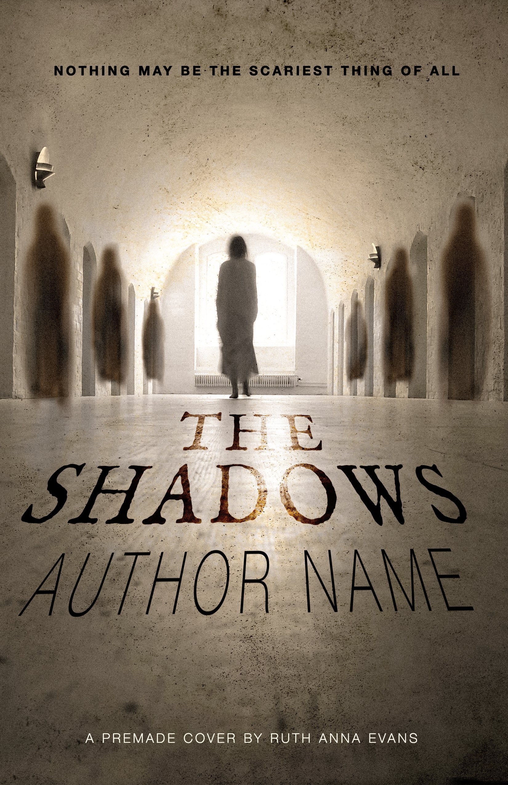 Book cover titled "The Shadows" by Ruth Anna Evans, featuring a woman walking in a corridor with arched ceilings and shadowy figures on either side, with the tagline "Nothing may be the scariest thing of all".