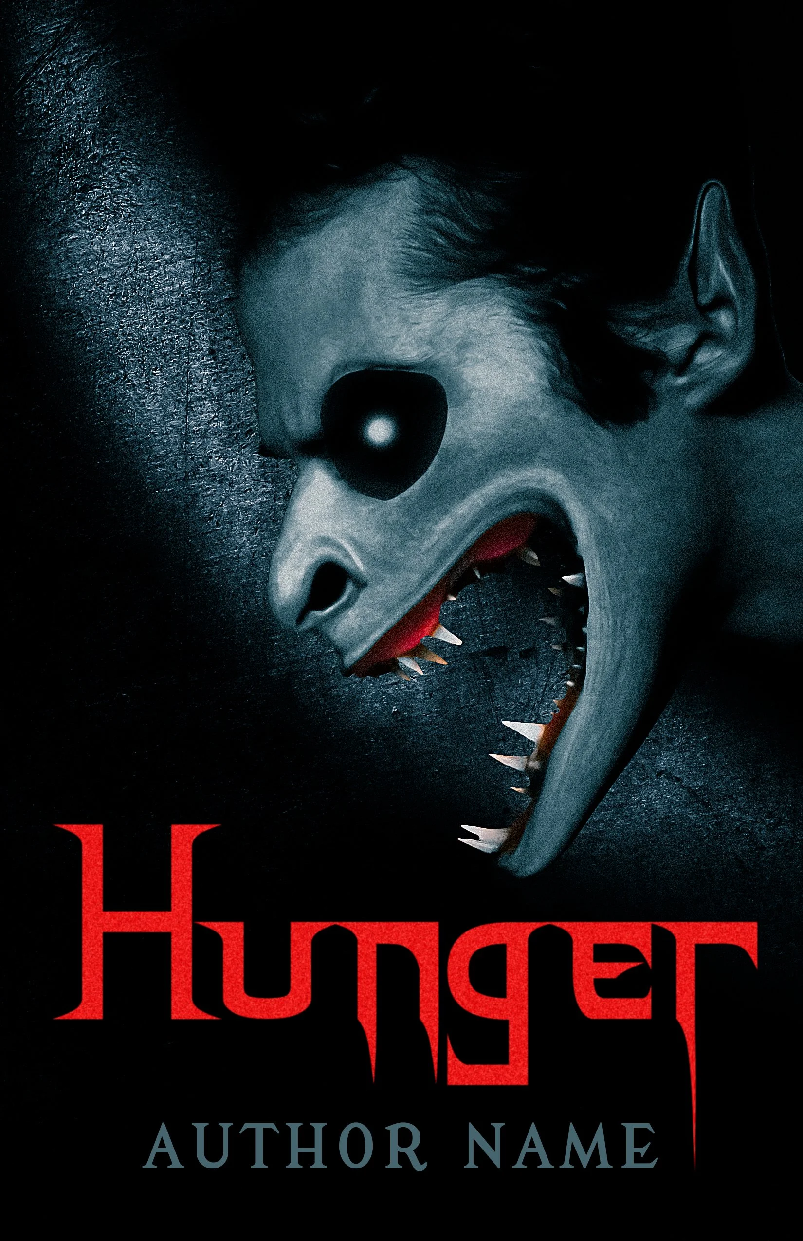 Close-up of a horror book cover featuring a sinister clown face mask with sharp teeth, pointed nose, and dark eye sockets. The mask has a grayish hue with black hair and appears to be screaming. The title 'HUNTER' is in large red letters at the bottom, with space for the author's name below.