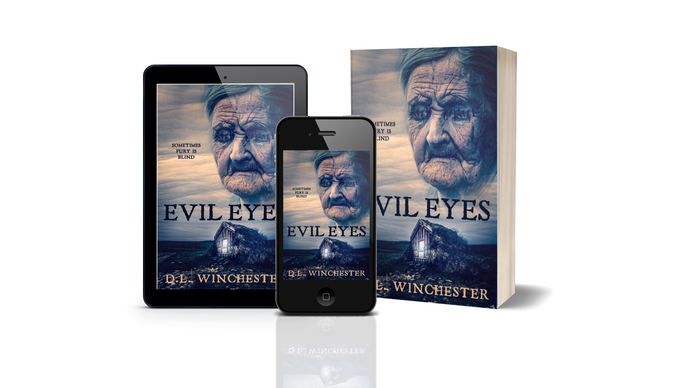 Image of multiple copies of a book titled "Evil Eyes" by D.L. Winchester, displayed on different devices including a tablet and smartphones, with a background that appears to be a dark sky with clouds.