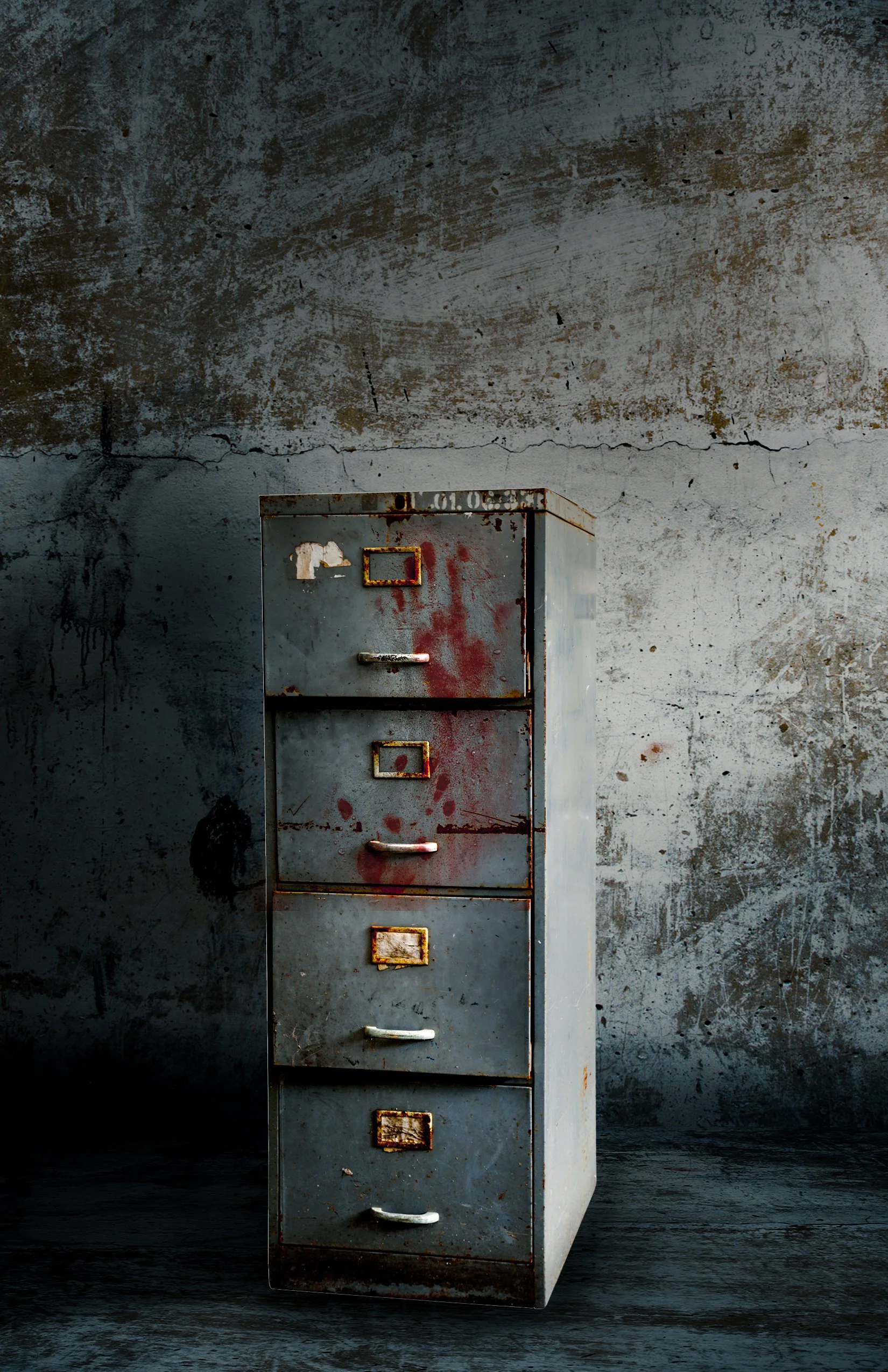 Old, rusty metal filing cabinet standing against a dark, textured wall with visible cracks and peeling paint.