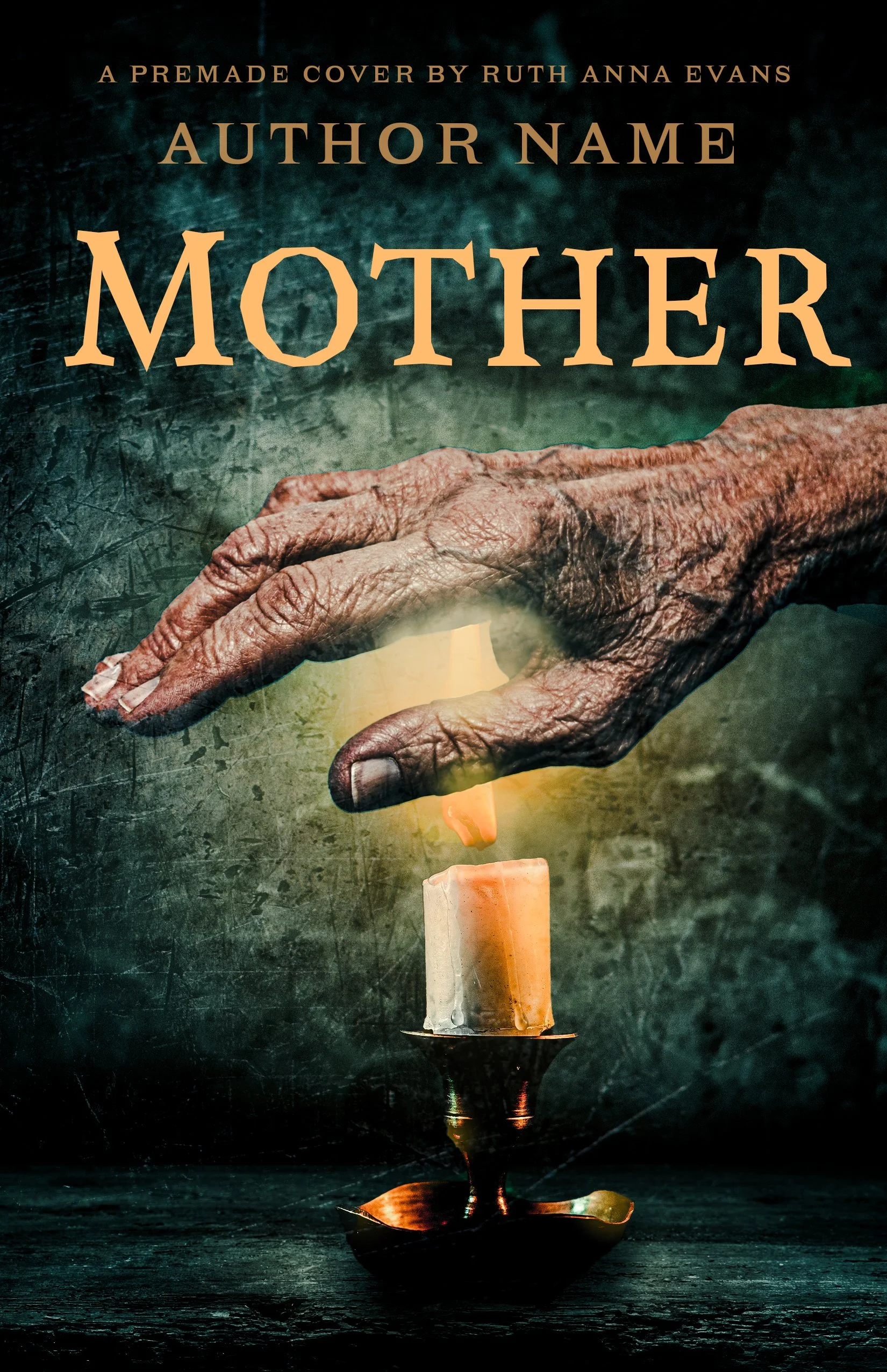 Book cover titled "Mother" featuring a hand of an elder with wrinkled skin, holding a lit candle over a reflective surface with a dark, textured background.