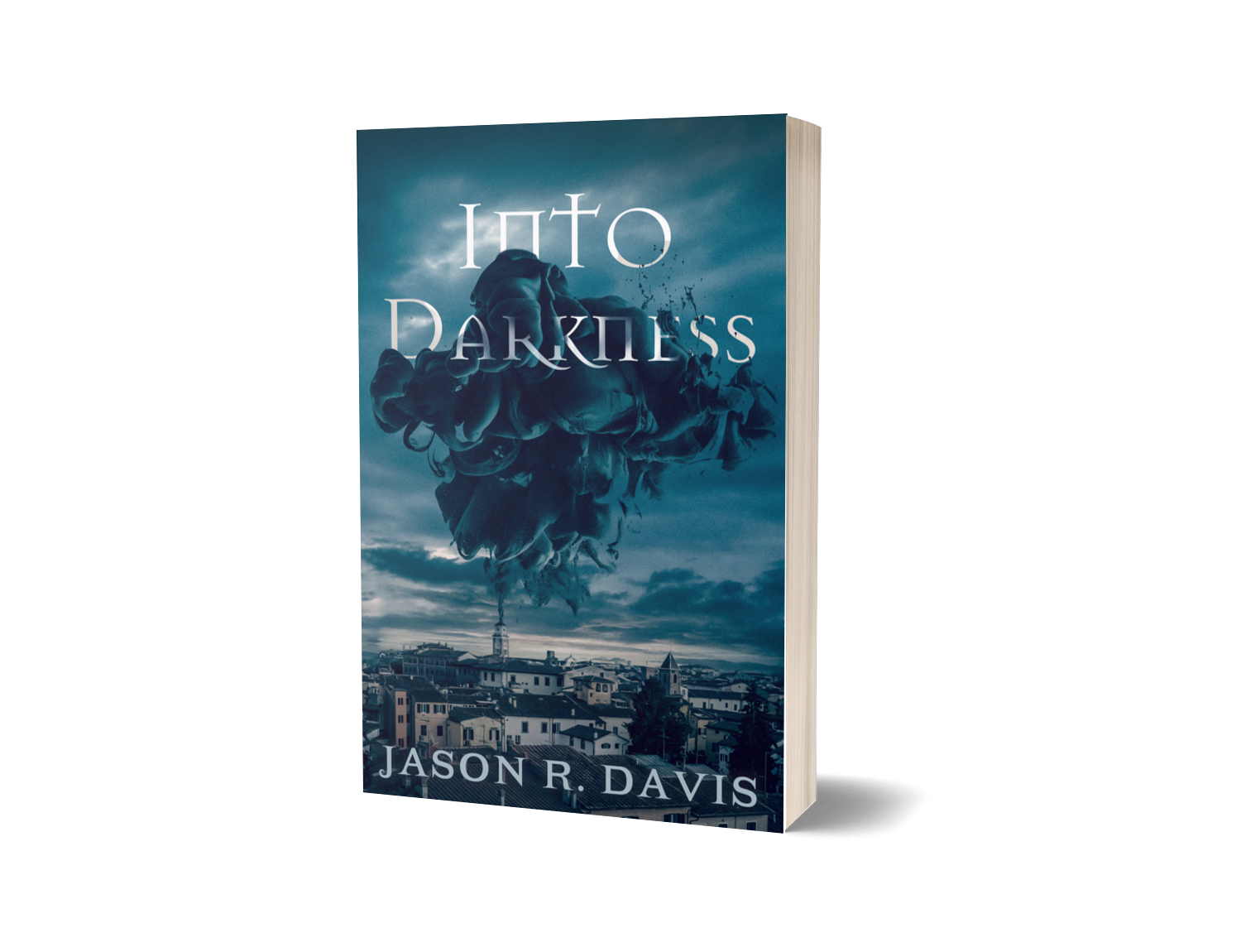 A book titled "Into Darkness" with a cover image featuring a city skyline under a stormy sky and a dark cloud of smoke or ink rising into the sky.