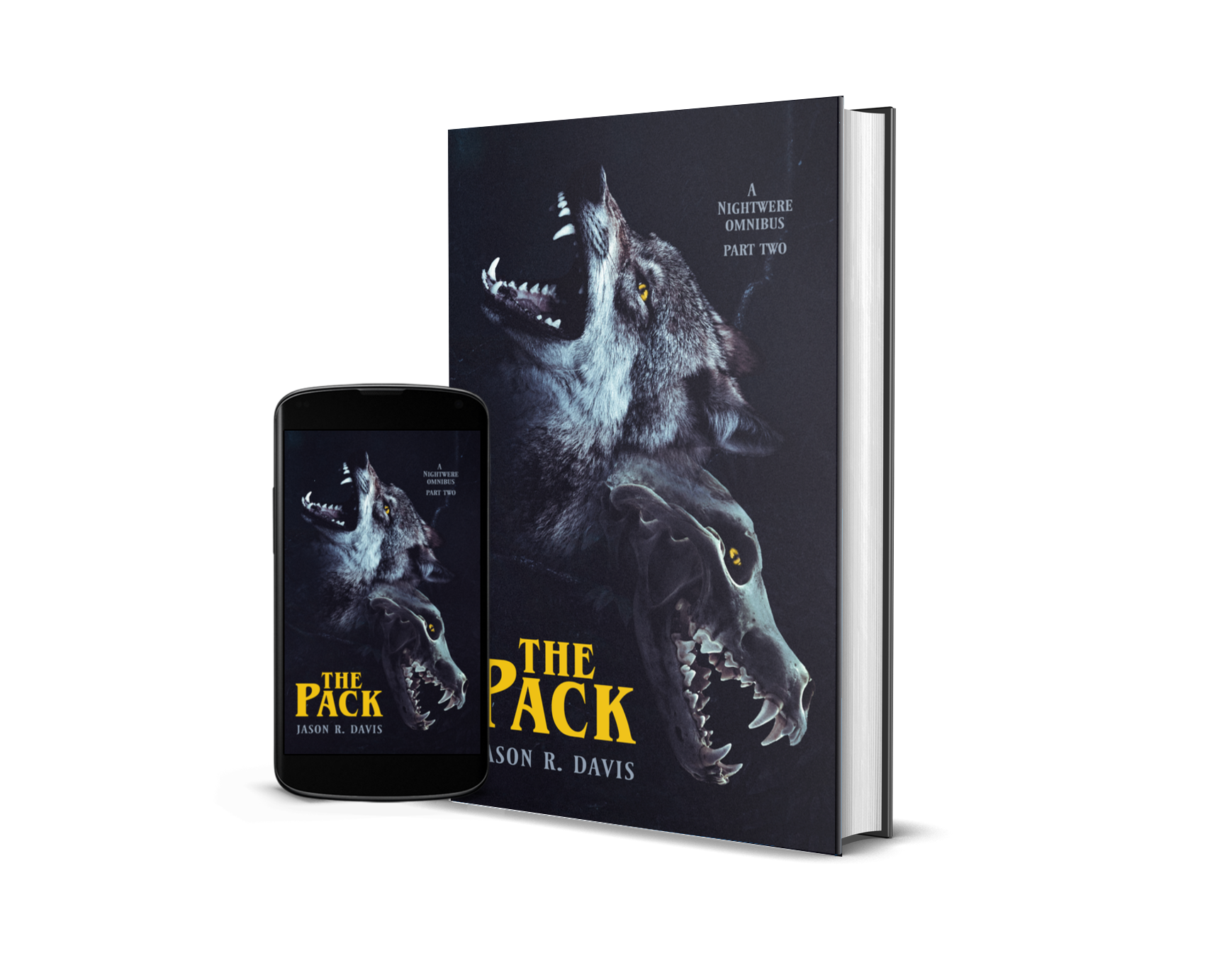 Book cover and digital version of the novel titled "The Pack" by Jason R. Davis, featuring a snarling wolf with glowing yellow eyes and a skull beneath it against a dark background.