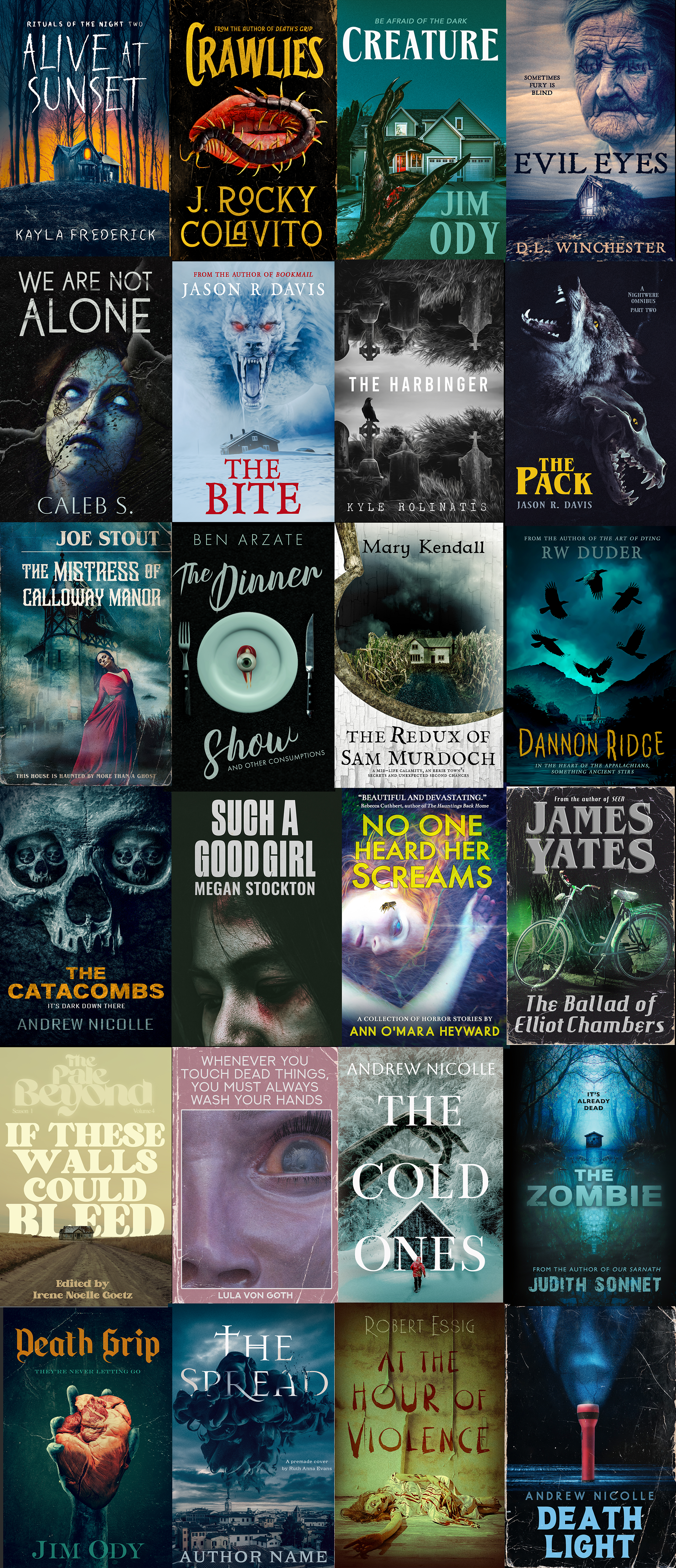 A collage of 20 horror novel book covers arranged in a grid.