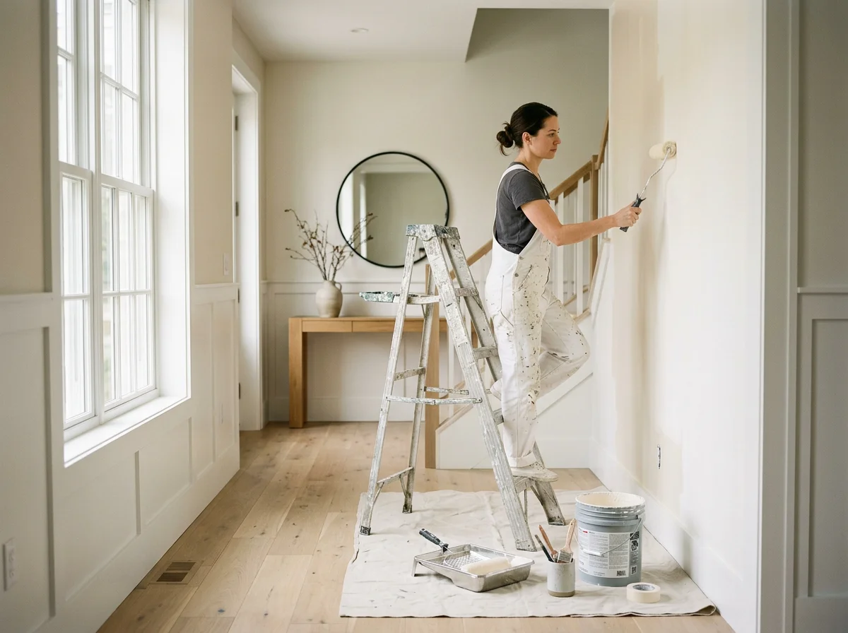 Woman painting a wall white while standing on a ladder in a bright room.