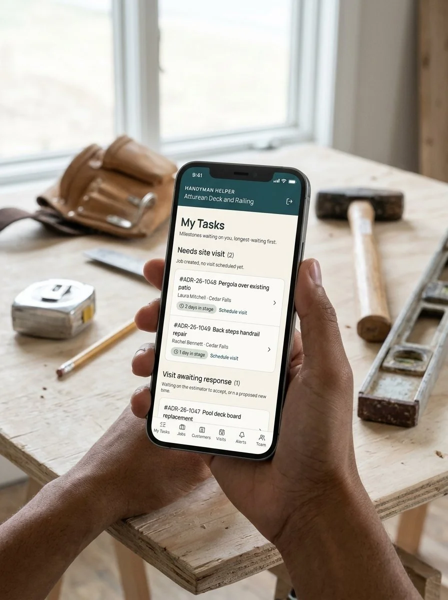 A laptop showing an image of the Job settings section of the Hands holding a mobile phone shownt the My Tasks section  of the Atturean Job management tool for contractors and small trade businesses with a background of carpentry tools