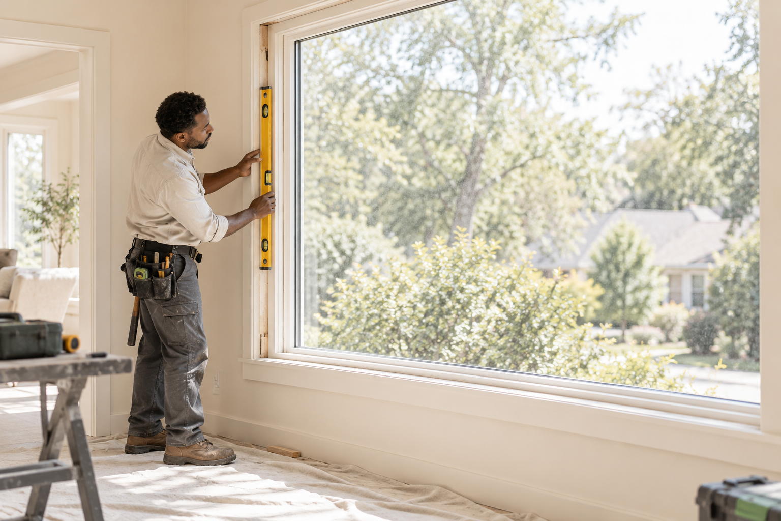 A handyman installing a large window in a home during construction or renovation, using a level for accuracy, with tools and equipment nearby.