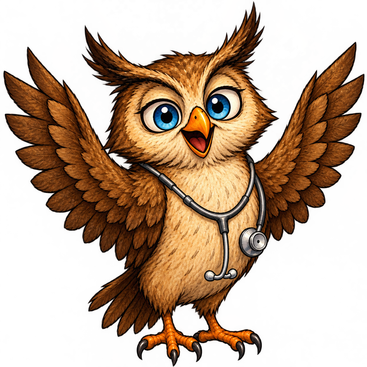 Cartoon owl with blue eyes and outstretched wings wearing a stethoscope