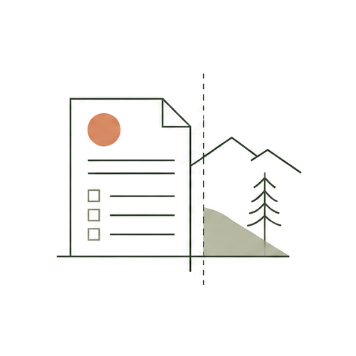 Minimalist illustration of a document with a checkmark list, a red circle, and mountains and a tree in the background.