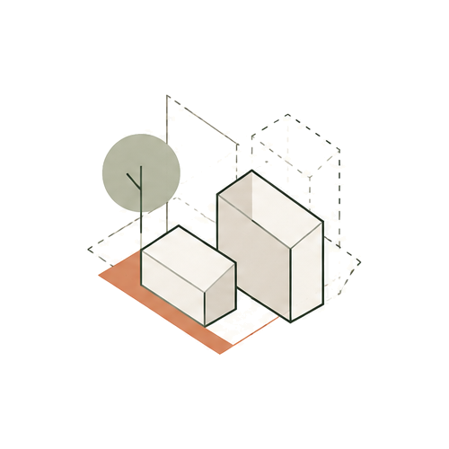 Architectural illustration of a modern building with surrounding trees and pathways.
